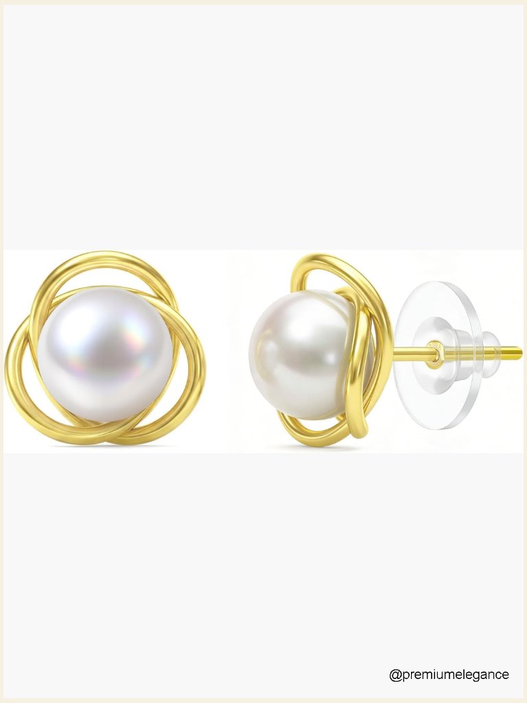 14k Gold Plated Real Pearl Stud Earrings Celtic Knot Hypoallergenic